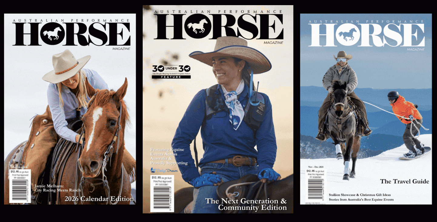 Top Australian Horse Magazine featuring professional riders, show jumping, and equestrian lifestyle scenes